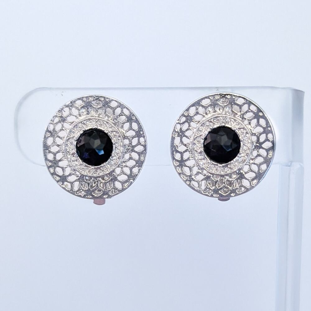 Vintage Clip On Earrings Ornate Silver Tone with Black Gem